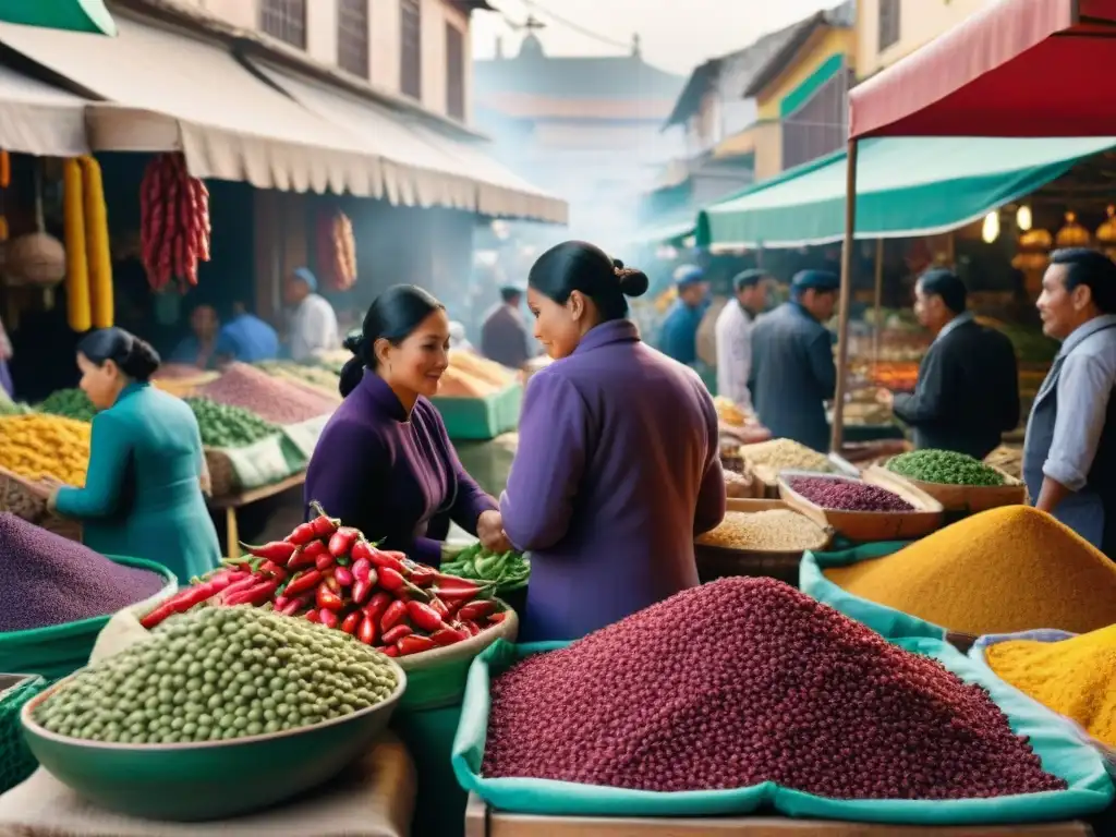 Colorida escena de mercado en Lima con ingredientes peruanos y vendedores locales en Gastronomía peruana platos tradicionales fusiones