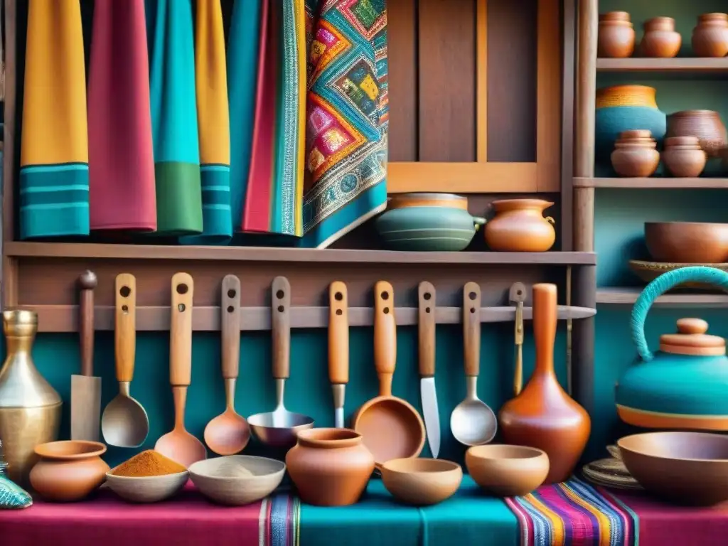 Una colorida escena en un mercado peruano, con una variedad de utensilios de cocina tradicionales y vendedores vestidos de forma tradicional