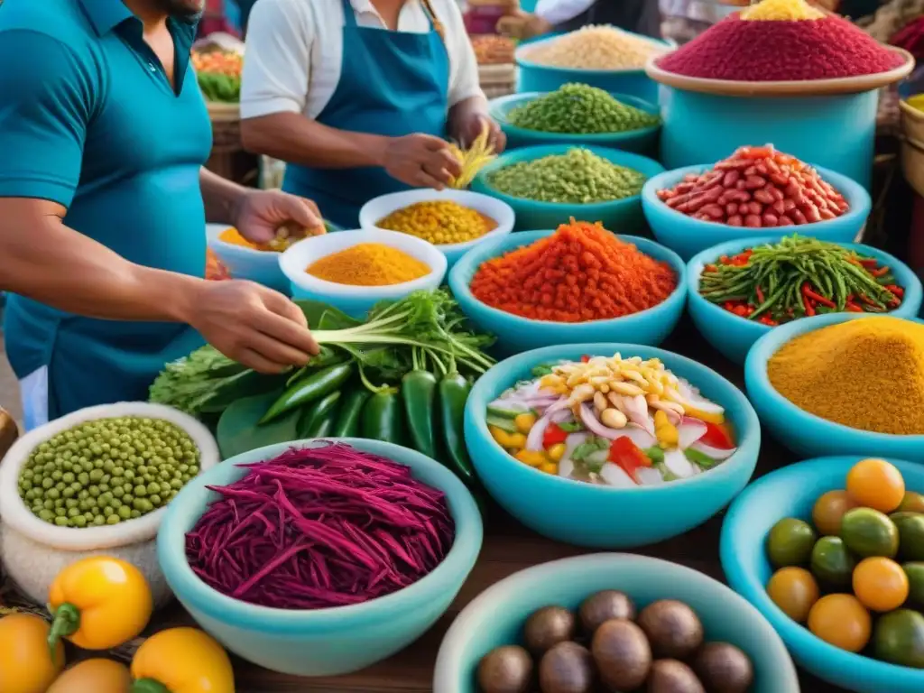 Una colorida escena de un mercado peruano con platos auténticos y vibrantes, mostrando la historia culinaria del país