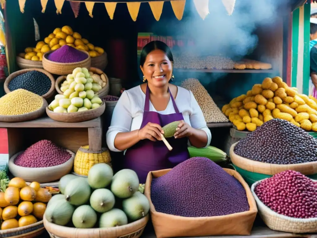 Colorida escena de mercado peruano con ingredientes para chicha morada resaltando beneficios de la chicha morada