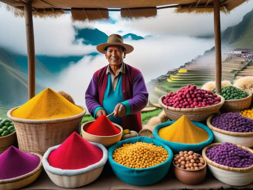 Una colorida escena en un mercado peruano con ollucos de variadas formas y colores, resaltando los beneficios del olluco en dietas