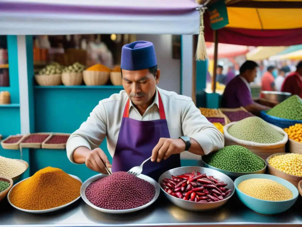 Colorida escena de mercado peruano con ingredientes autóctonos y vendedor en traje tradicional