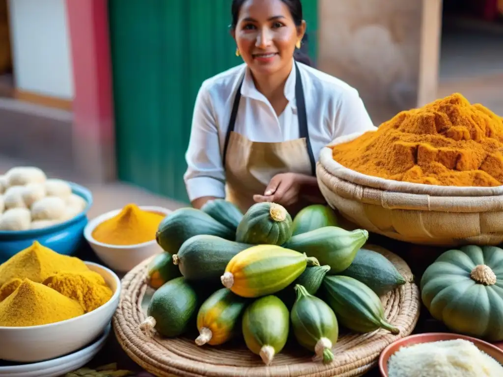 Colorida escena de mercado peruano mostrando la preparación de picarones con ingredientes vibrantes