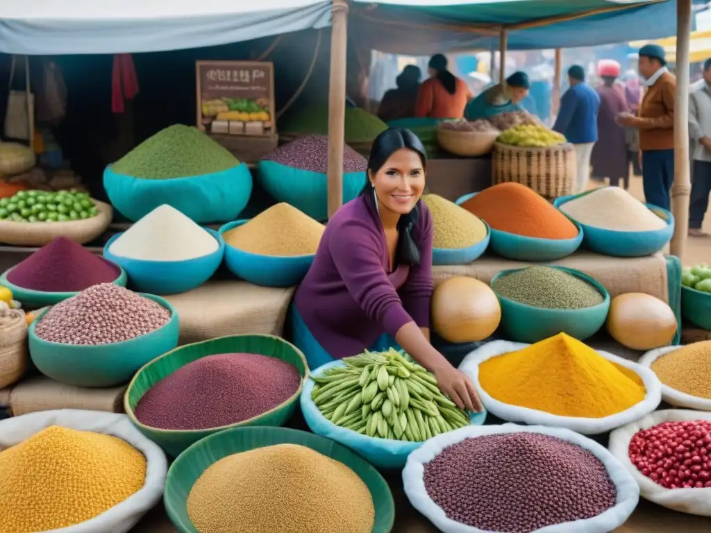 Colorida escena en mercado peruano con productores de ingredientes autóctonos para cocina peruana