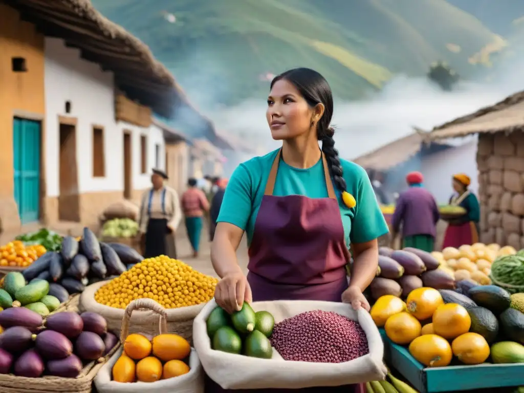 Colorida escena de mercado peruano con ingredientes autóctonos y vendedores tradicionales