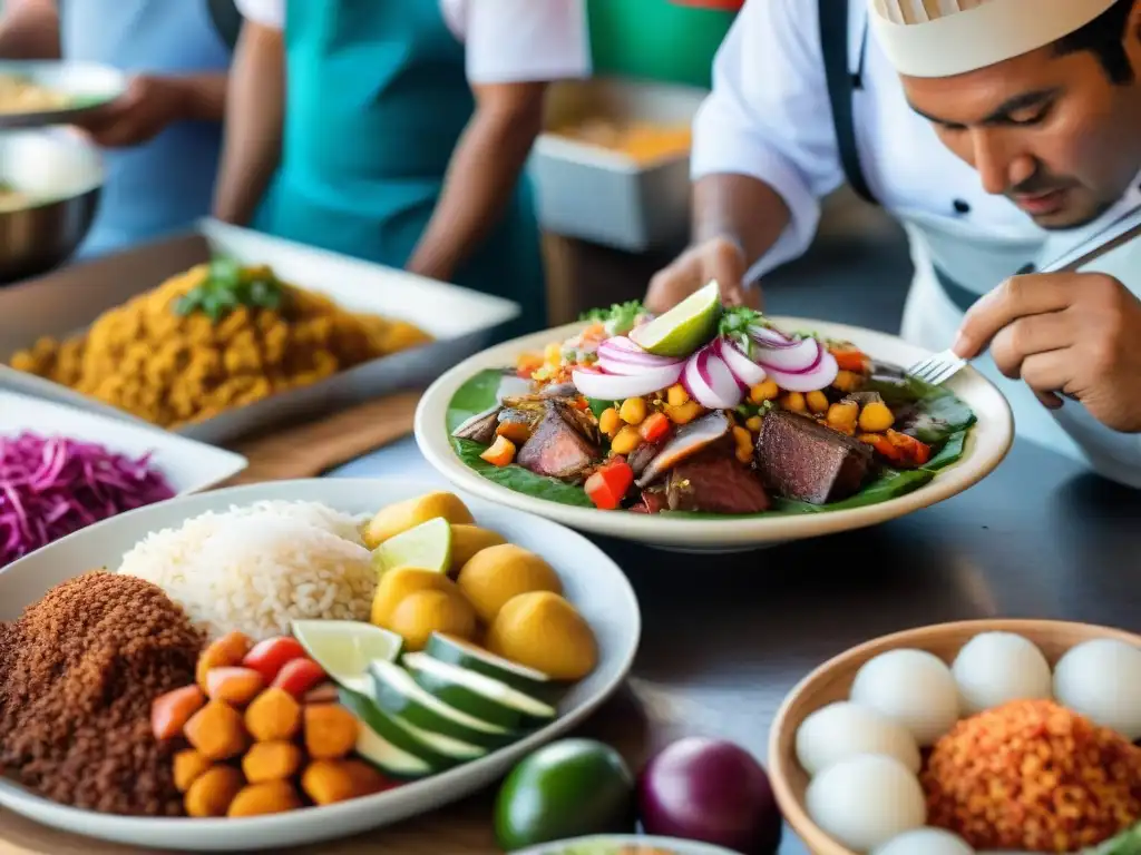 Una colorida escena de mercado peruano con platos tradicionales y chefs preparando ceviche, transmitiendo la riqueza de la gastronomía peruana