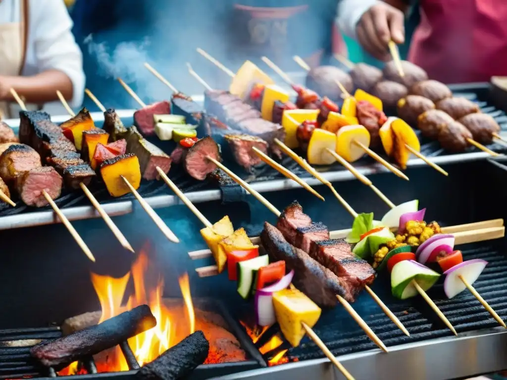 Una colorida escena de mercado peruano con anticuchos siendo preparados a la parrilla, resaltando la rica gastronomía peruana