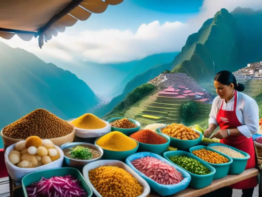 Una colorida escena de mercado peruano con platos tradicionales y chefs preparando comida, entre montañas andinas