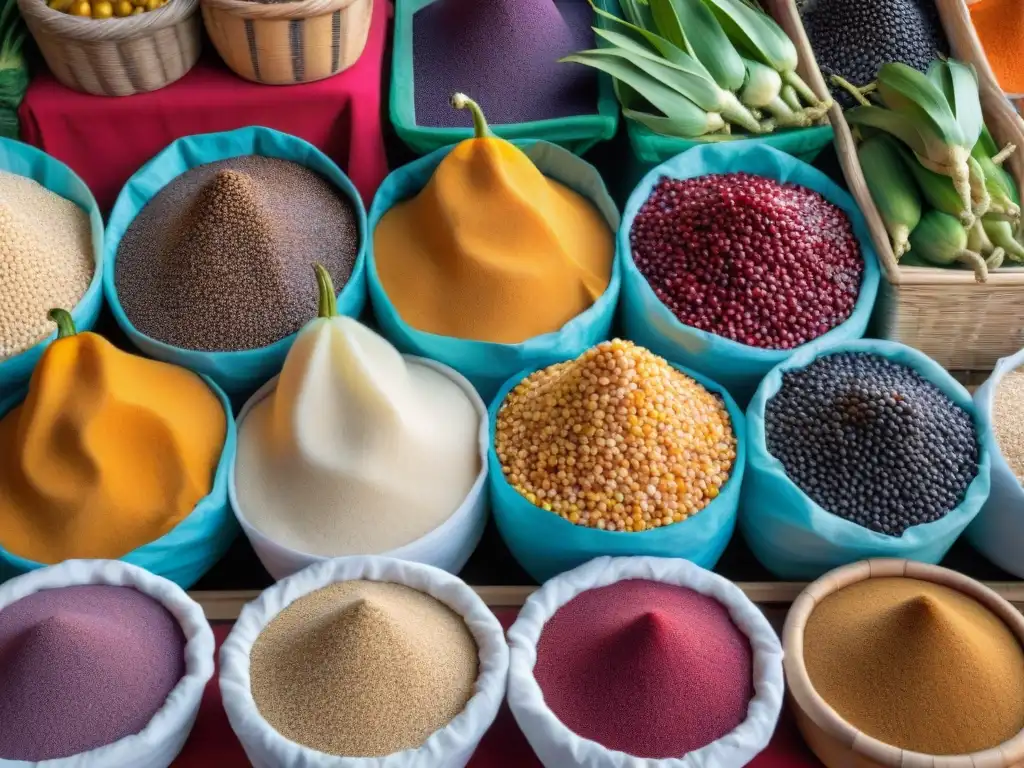 Una colorida escena de un mercado peruano, con ingredientes frescos y exóticos, reflejando la dieta peruana efecto antiinflamatorio