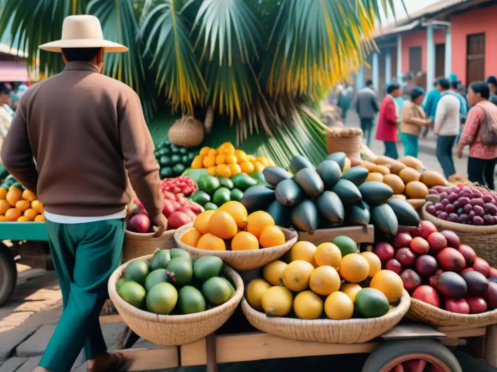 Colorida escena de mercado peruano con frutas de aguaje