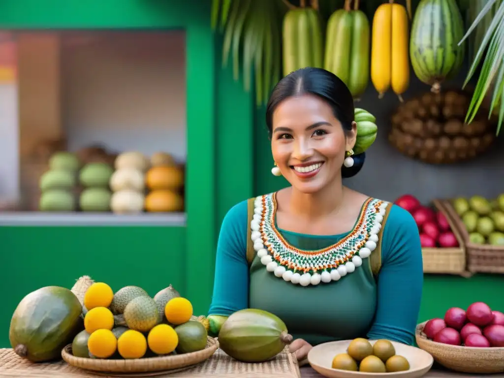 Una colorida escena de mercado en la selva peruana con manjares inusuales y una mujer indígena sonriente