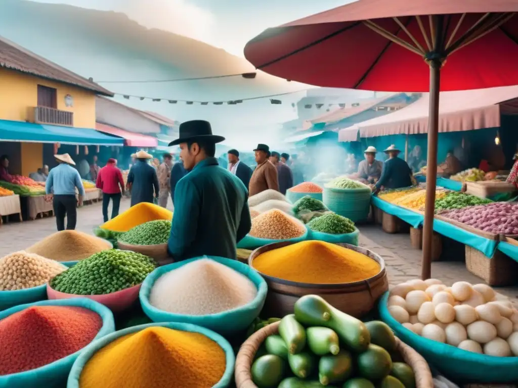 Una colorida escena de mercado en Trujillo, Perú, llena de Gastronomía tradicional norte Perú