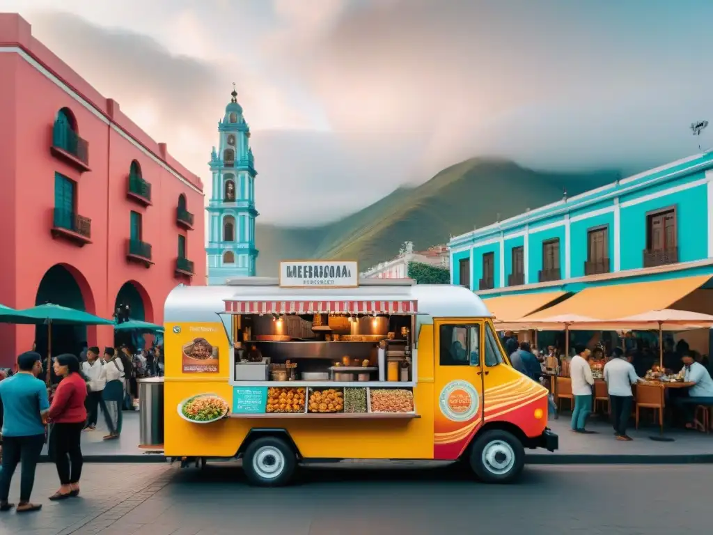 Una colorida escena de la gastronomía peruana en bicicleta en Lima, con un food truck vibrante y clientes ansiosos