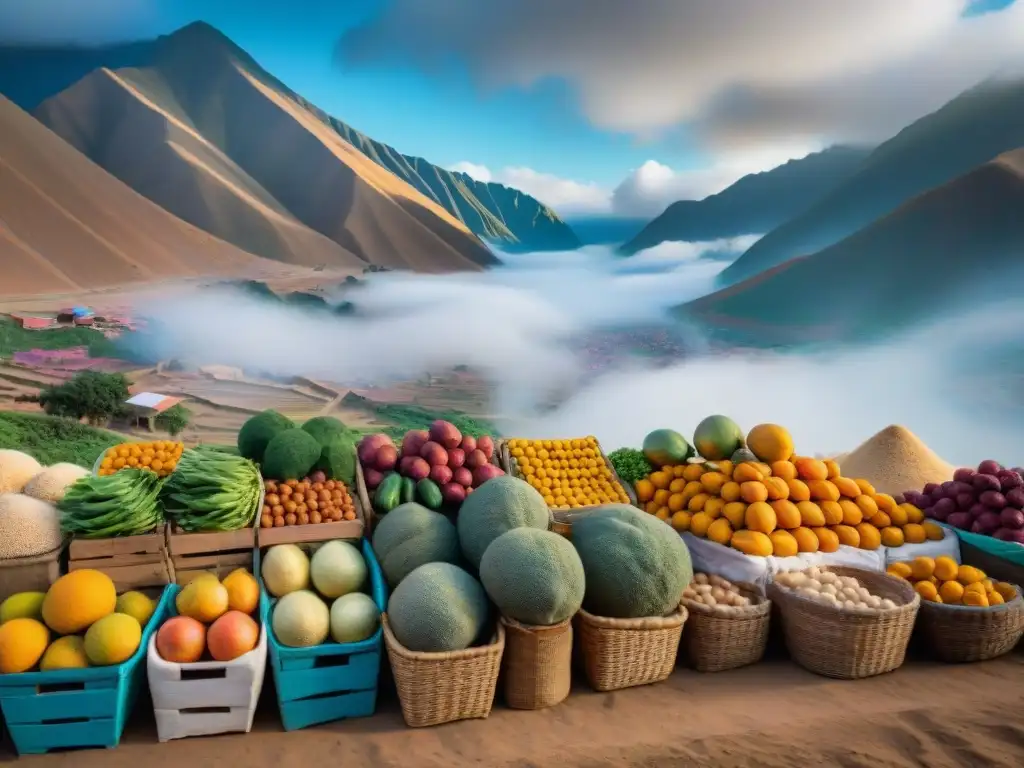 Colorida feria al aire libre en Moquegua, Perú, mostrando frutas, verduras y especias