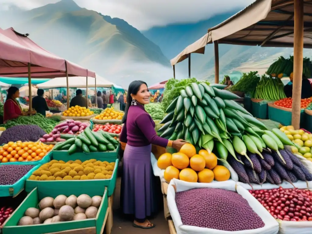 Una colorida feria de alimentos en Lima, Perú, con productos locales y mujeres peruanas en trajes típicos