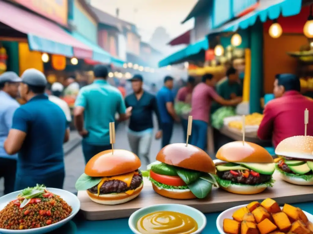 Una colorida feria de comida en Lima, Perú, con hamburguesas al estilo peruano y una mezcla de ingredientes tradicionales