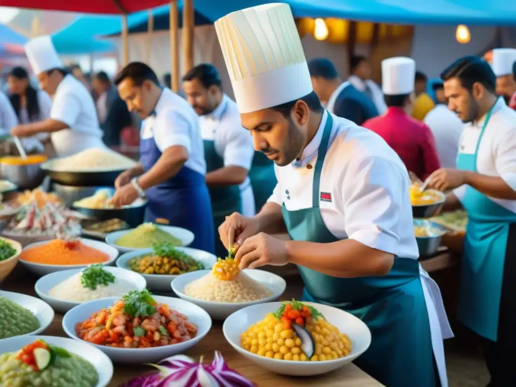 Una colorida feria gastronómica en el norte de Perú, con chefs preparando platos tradicionales y asistentes disfrutando