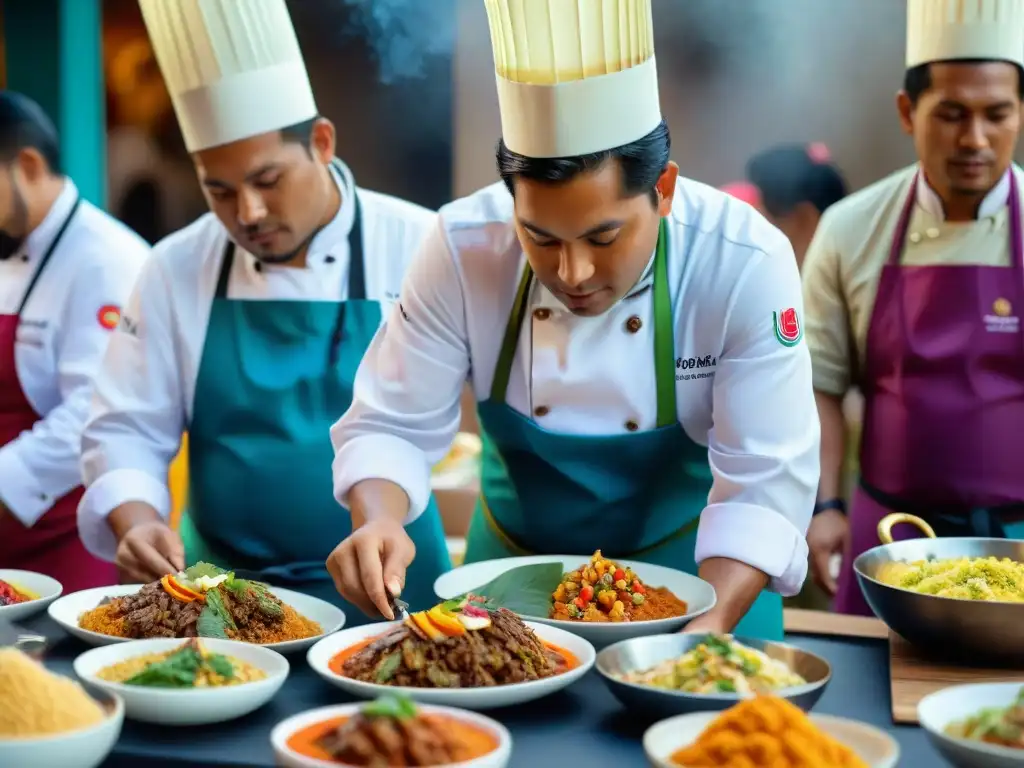 Colorida feria gastronómica con platos peruanos fusión tradición modernidad y chefs preparando innovadoras creaciones