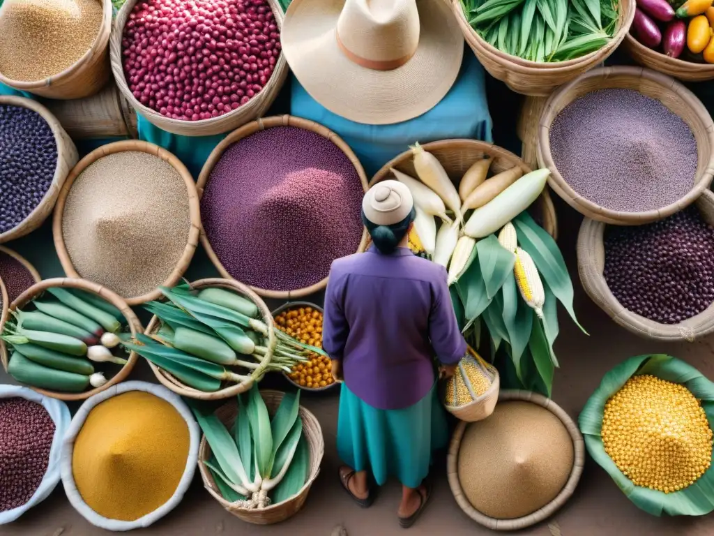 Colorida feria en Perú con historia ingredientes autóctonos Perú: maíz morado, frutas lucuma, quinoa y más