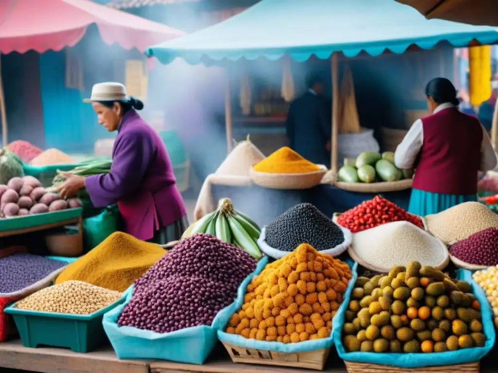 Colorida feria peruana con ingredientes autóctonos