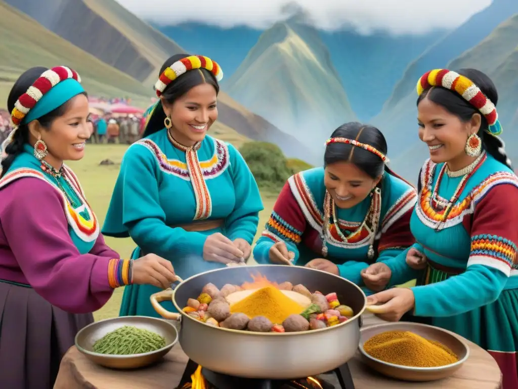 Colorida festividad peruana con mujeres preparando platos tradicionales