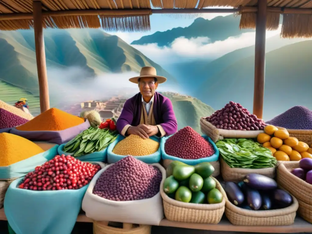 Colorida gastronomía peruana: ingredientes locales en vibrante mercado, reflejo de la biodiversidad