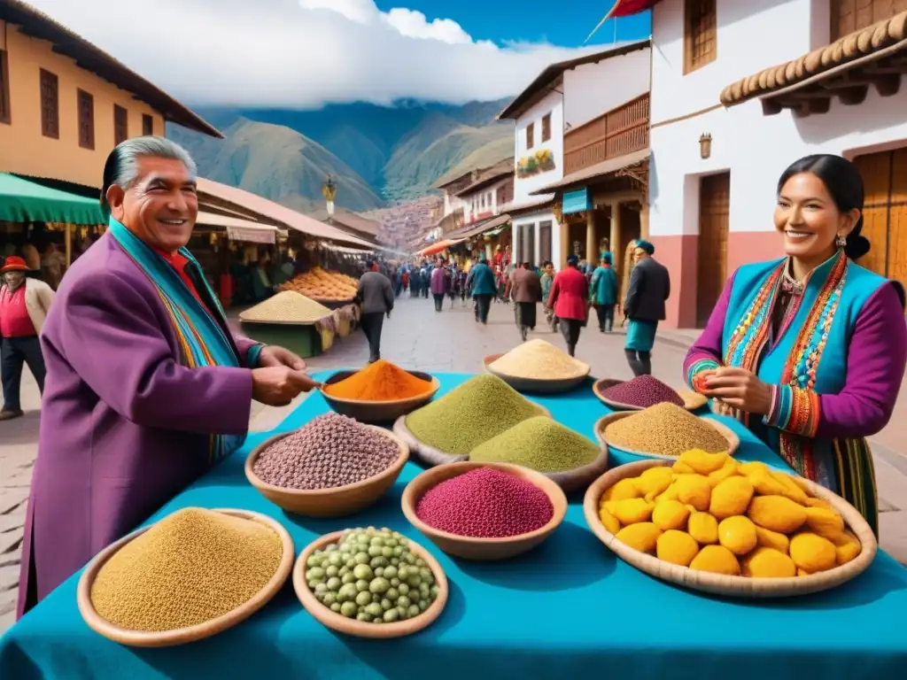 Colorida gastronomía peruana platos tradicionales en bullicioso mercado de Cusco, Andes de fondo