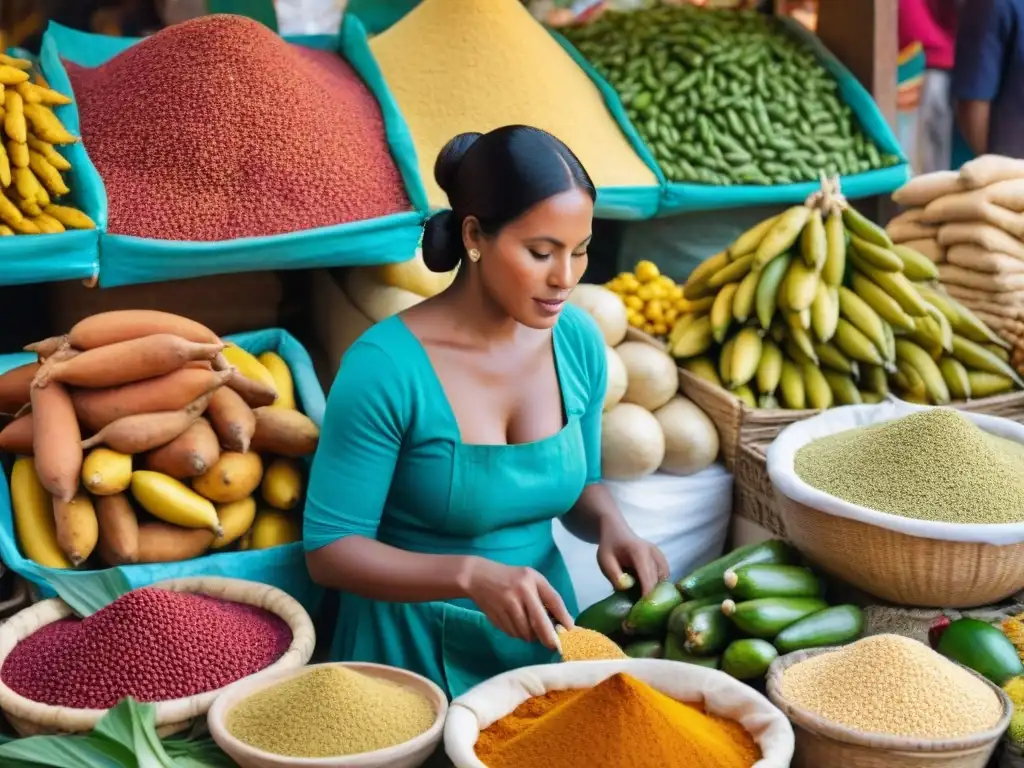 Una colorida fusión gastronómica africana peruana en un vibrante mercado de Lima