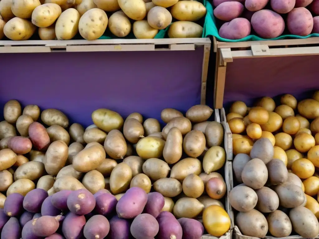 Una colorida muestra de papas nativas peruanas en un mercado bullicioso