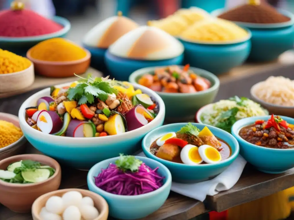 Una colorida muestra de platos peruanos en un mercado gastronómico de Lima