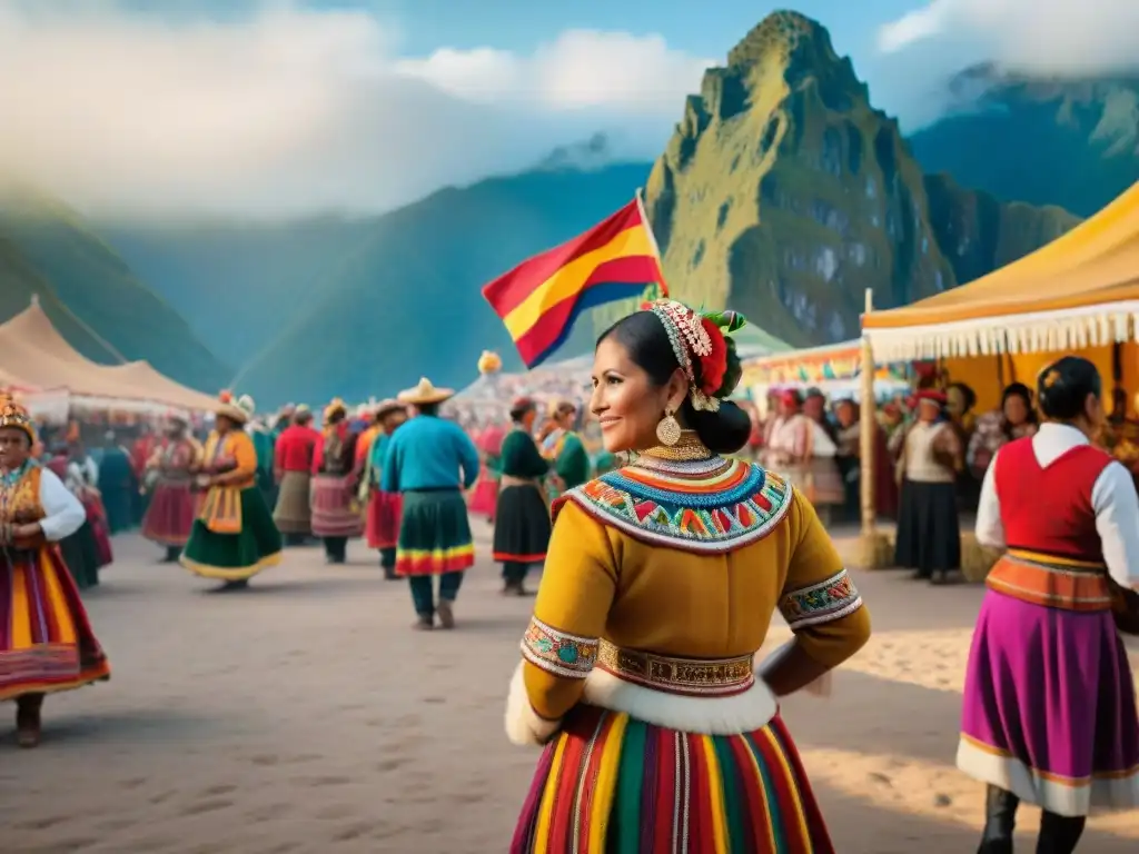 Colorida celebración peruana con platos tradicionales y ambiente festivo en la plaza del pueblo al atardecer