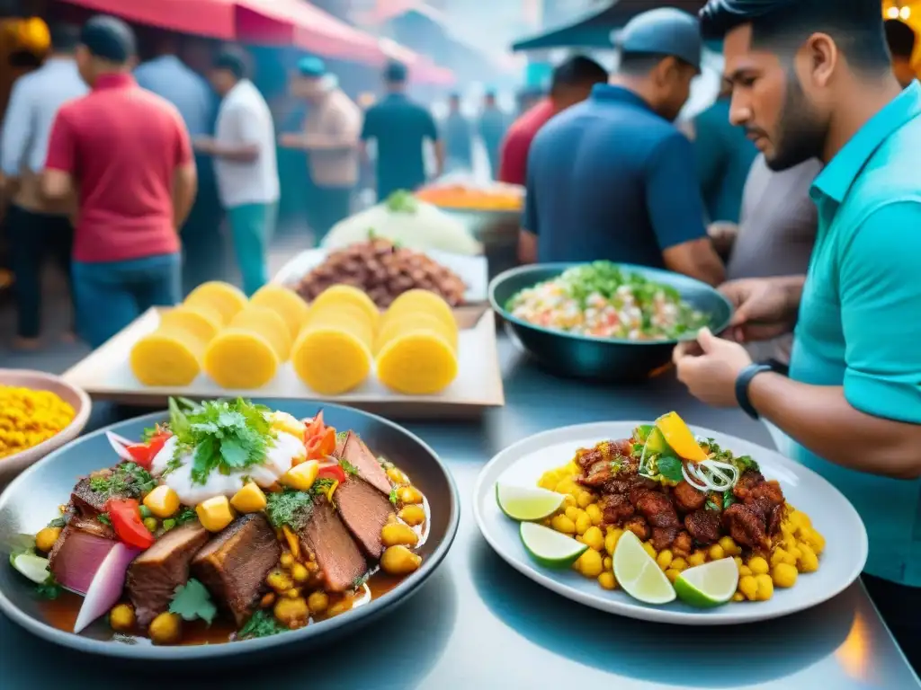 Una colorida presentación de comida callejera peruana en un bullicioso mercado, destacando la meticulosa preparación del lomo saltado