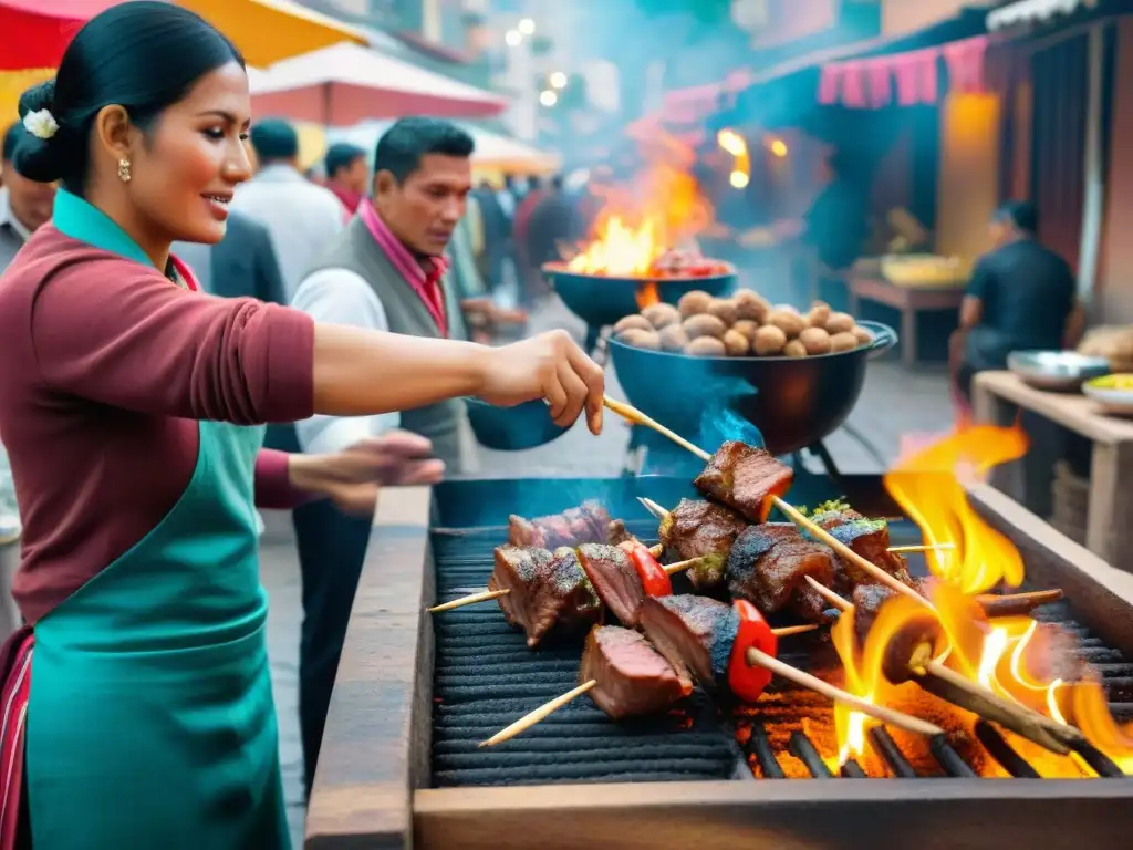 Colorida fiesta de Anticuchos en Lima, Perú: sabores y tradición Colorida preparación tradicional de anticuchos peruanos en festival de Lima