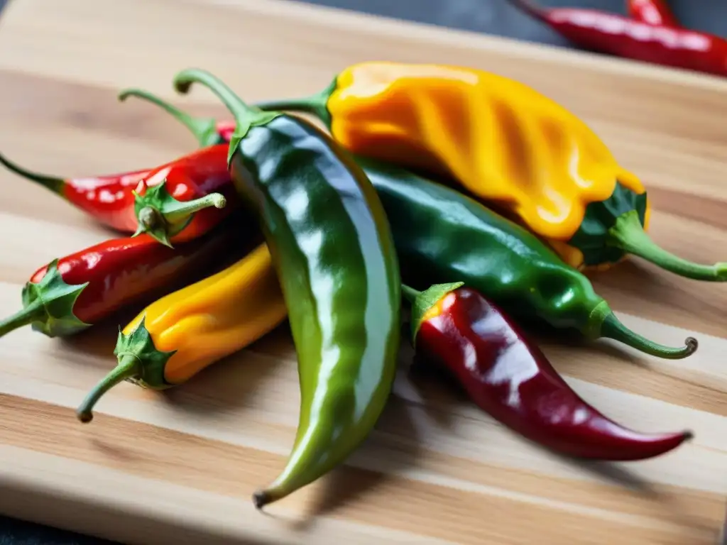 Una colorida variedad de ajíes peruanos veganos en un tablero de madera rústico