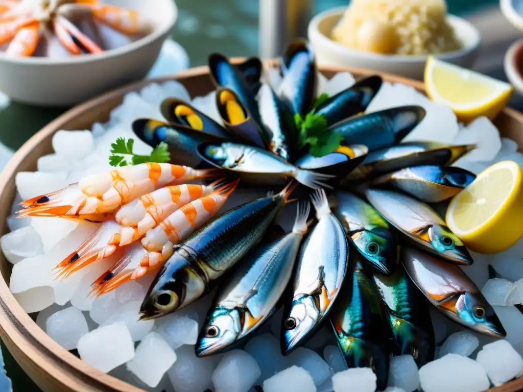 Colorida variedad de mariscos frescos en un mercado pesquero, ingrediente esencial para una receta tradicional de Arroz con Mariscos