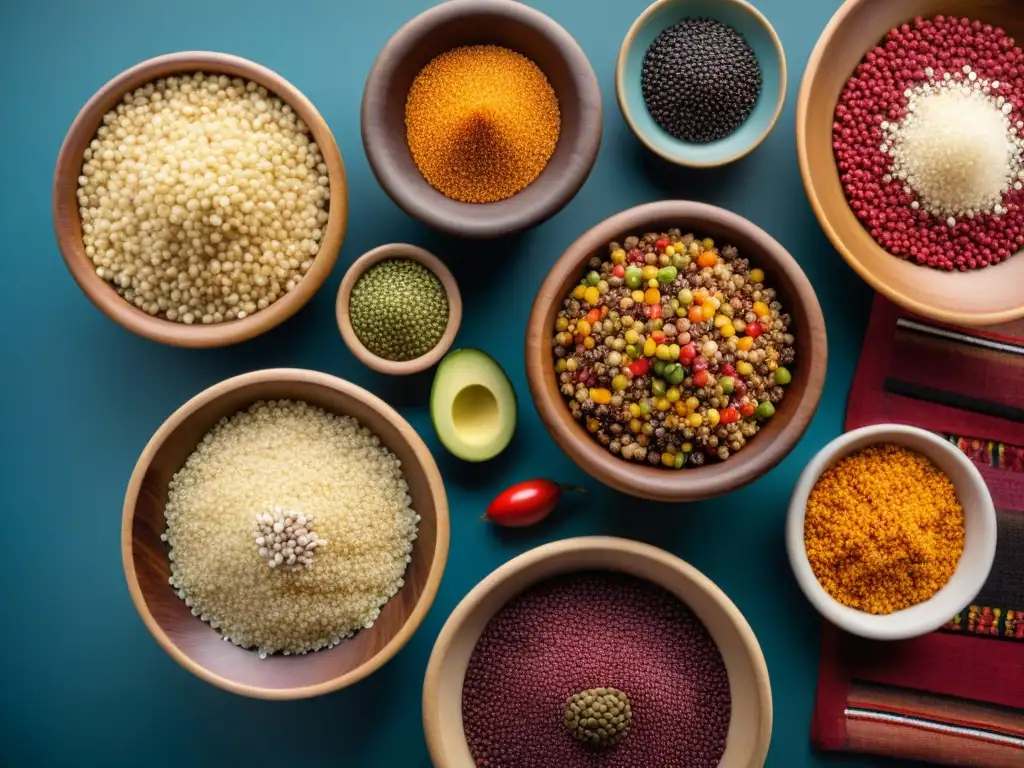 Una colorida variedad de quinoa peruana en cuencos de madera con textiles andinos de fondo