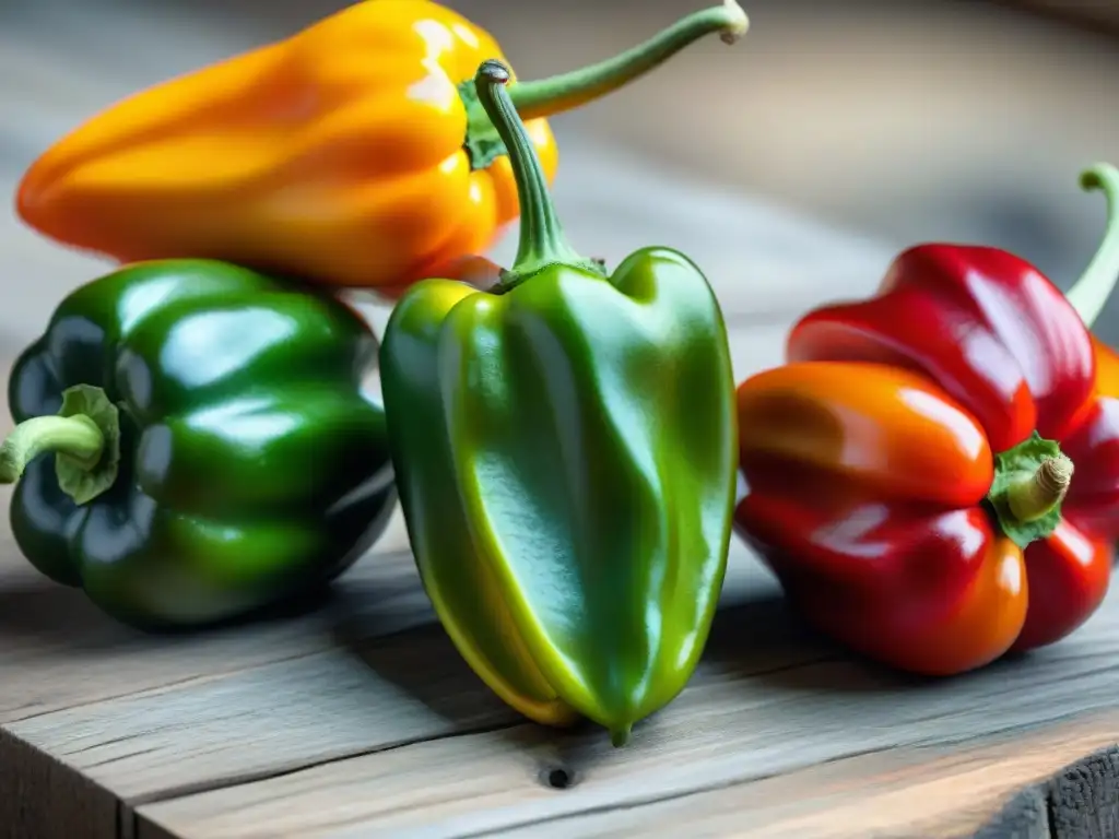 Una colorida variedad de ajíes peruanos en una mesa rústica, resaltando su diversidad y belleza