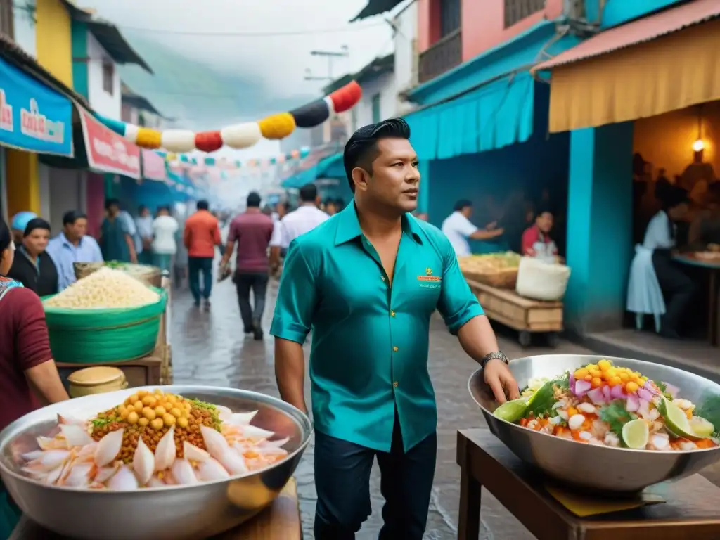 Celebración colorida y vibrante del Festival del Ceviche Lima, con vendedores, comida y diversidad cultural