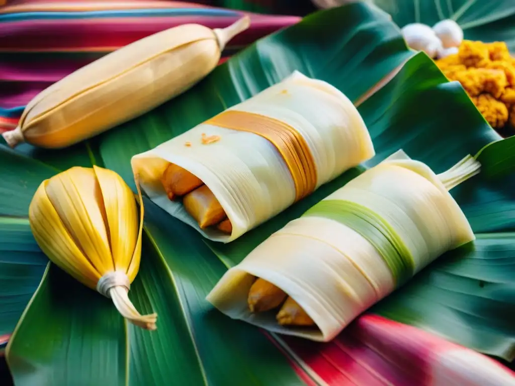 Una colorida vista de tamales peruanos tradicionales en un mercado matutino bullicioso