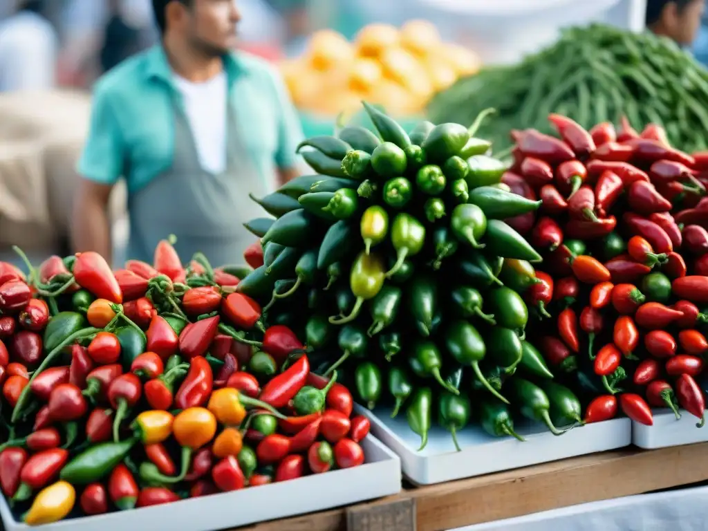 Coloridas ajíes peruanos en mercado tradicional, simbolizando el significado cultural ají Perú