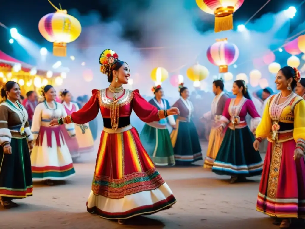 Colorida danza tradicional peruana en festival vibrante Coloridas lámparas inspiradas en fiestas peruanas iluminan alegre baile tradicional