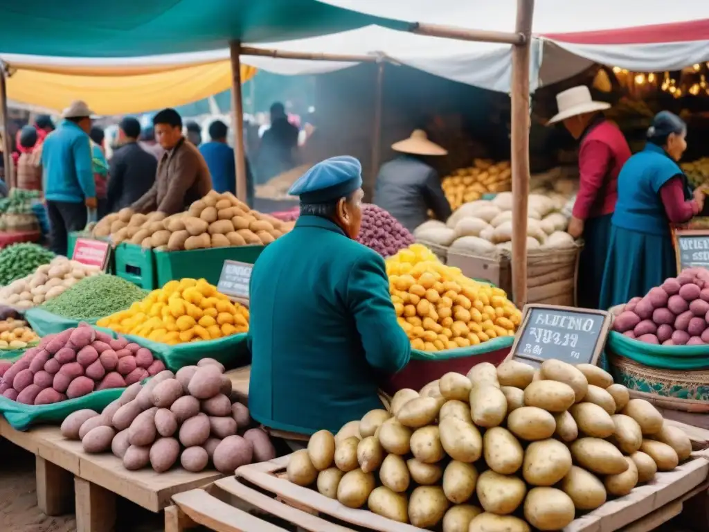 Coloridas papas peruanas en mercado bullicioso, reflejando la riqueza cultural