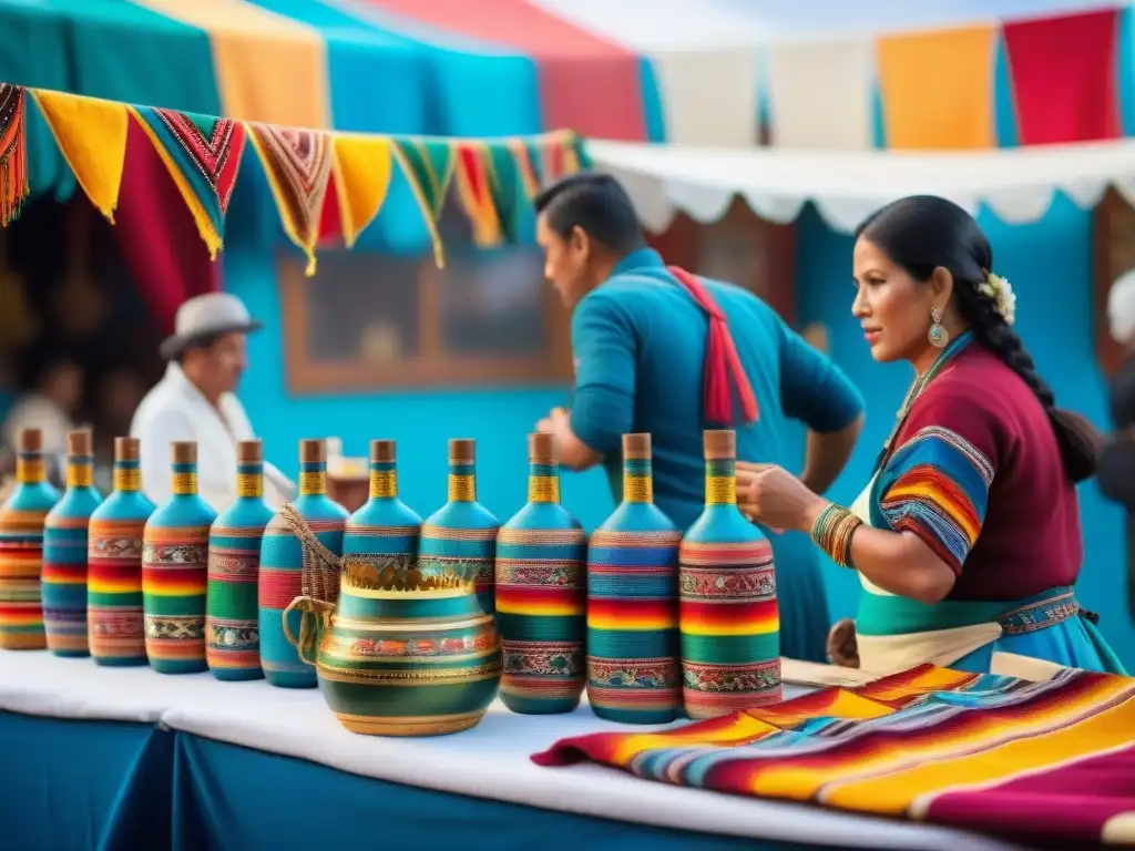 Coloridas paradas en el Festival Nacional del Pisco Perú: artesanos elaboran botellas mientras los visitantes disfrutan de bebidas y tradiciones