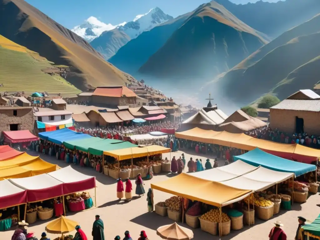 Colorido Festival del Cuy en Huancavelica: mercado bullicioso con comida tradicional peruana, textiles vibrantes y montañas andinas al fondo