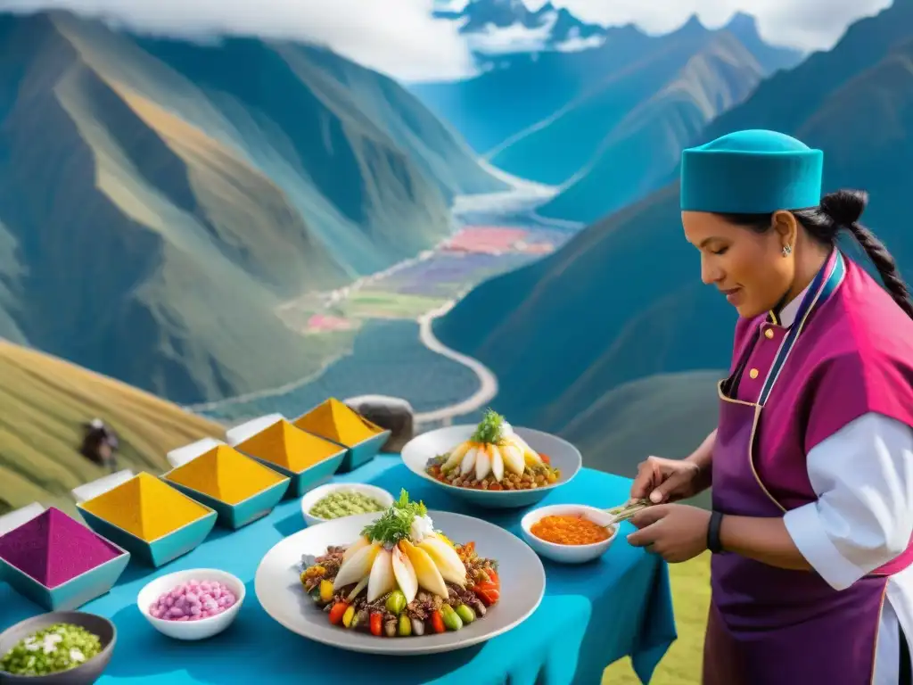 Colorido festival gastronómico en los Andes peruanos con cocina tradicional, chefs y visitantes