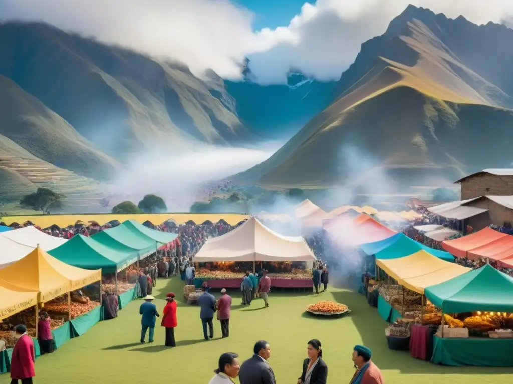 Colorido mercado al aire libre en el Festival Gastronómico Trucha Andina: vibrante escena andina con puestos de comida y montañas neblinosas de fondo