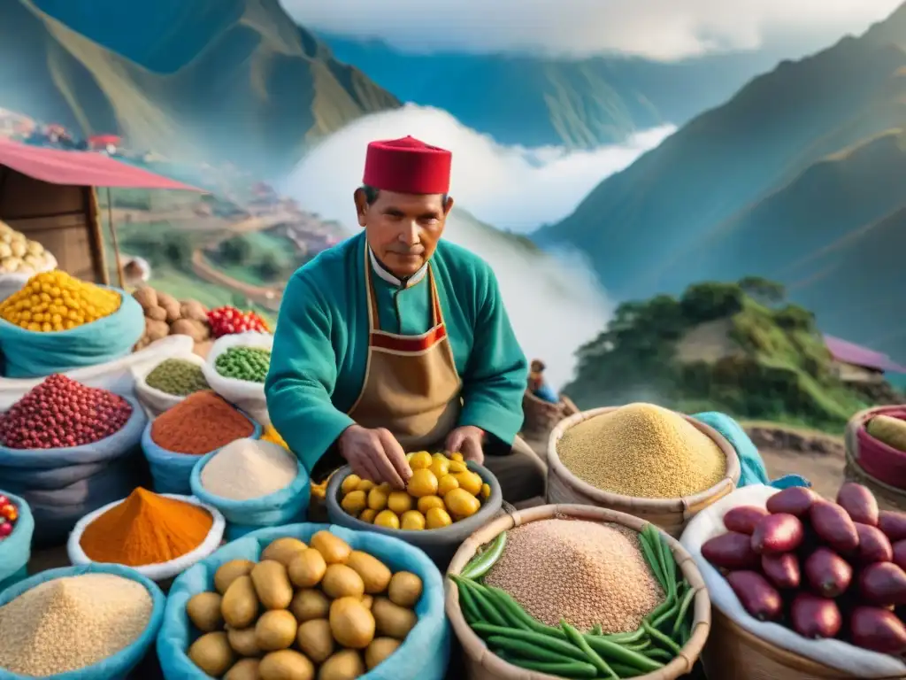 Colorido mercado al aire libre en Perú con ingredientes tradicionales y vendedores en trajes andinos