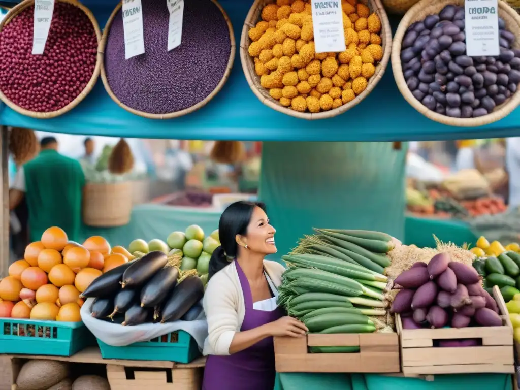 Colorido mercado de alimentos en Lima, Perú, escena de innovación y tradición en startups alimentos saludables Perú