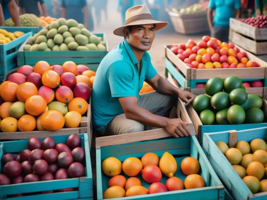 Colorido mercado amazónico con frutas Aguaje en cajas de madera, reflejando la autenticidad y sabor del Amazonas