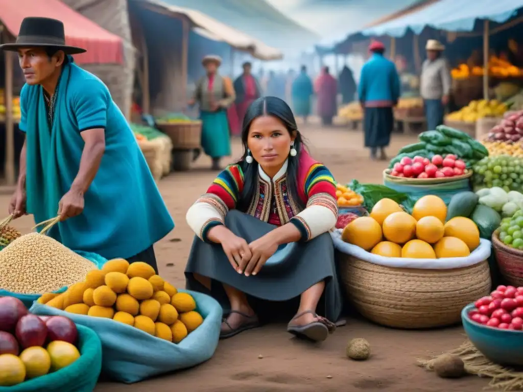 Colorido mercado andino con alimentos tradicionales y gente indígena en vestimenta típica, reflejando la conexión con la Dieta Andina beneficios salud